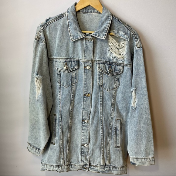 JudyBridal Oversized Women’s Denim Ripped Boyfriend Jean Jacket Long Sleeve Sz M - Picture 10 of 15